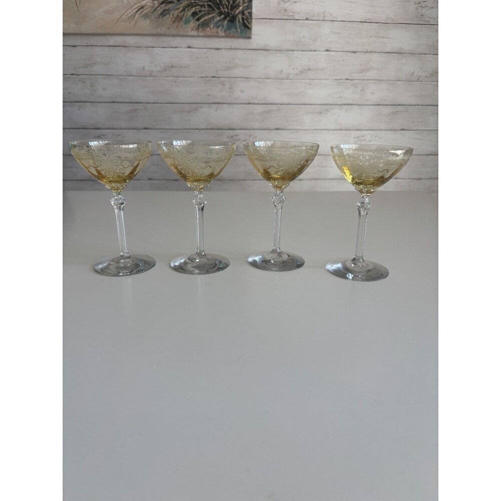 Fostoria June Antique Etched Topaz/Yellow Low Champagne Sherbet Glasses 5 1/4”
